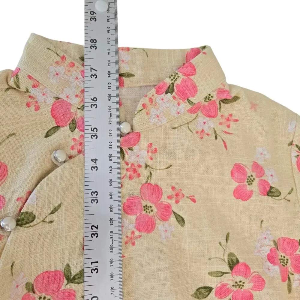 Authentic Chinese Qipao Floral Linen Blend Mandarin Collar Cottagecore Dress L